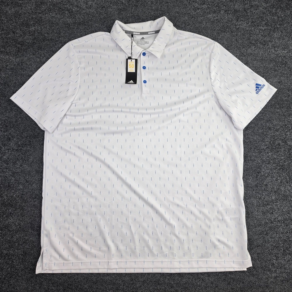 Adidas Golf Polo Shirt Men's 2XL White Blue AOP Performance NWT Stripes FK9231